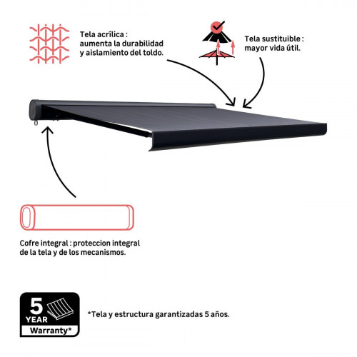 Toldo brazo extensible 2.95x2m para terraza Loby cofre gris manual tela acrílica gris Naterial