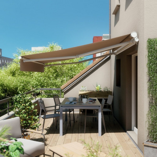 Toldo brazo extensible 3.95x3m para terraza Calima estructura blanca manual con manivela tela poliéster beige Naterial
