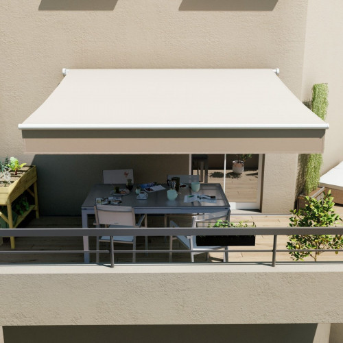 Toldo brazo extensible 3.95x3m para terraza Calima estructura blanca manual con manivela tela poliéster beige Naterial
