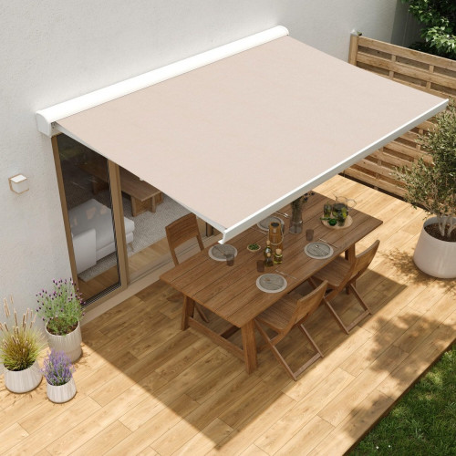 Toldo brazo extensible 3.95x3m para terraza Zefir II cofre blanco motorizado con mando tela poliéster beige Naterial
