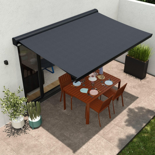 Toldo brazo extensible 3.95x3m para terraza Zefir II cofre gris motorizado con mando tela poliester gris Naterial