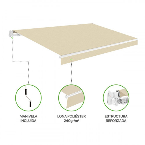 Toldo brazo extensible 4x3m para terraza Siroco estructura blanca manual con manivela tela poliester beige