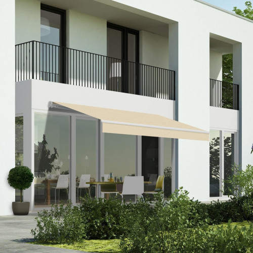 Toldo brazo extensible de 3.95x3m para terraza Siroco estructura blanca motorizado con mando tela poliéster beige