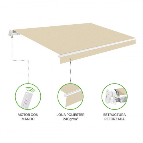 Toldo brazo extensible de 3.95x3m para terraza Siroco estructura blanca motorizado con mando tela poliéster beige