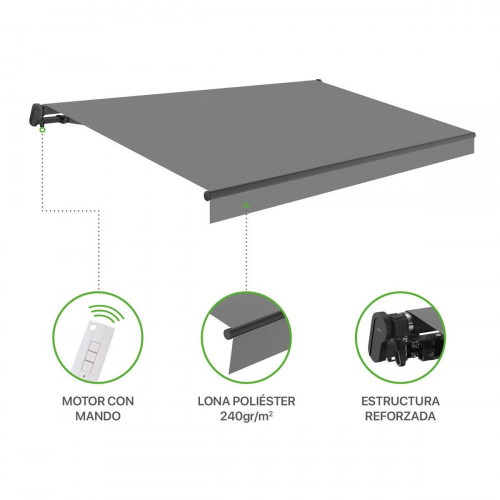 Toldo brazo extensible de 3.95x3m para terraza Siroco estructura gris motorizado con mando tela poliéster gris