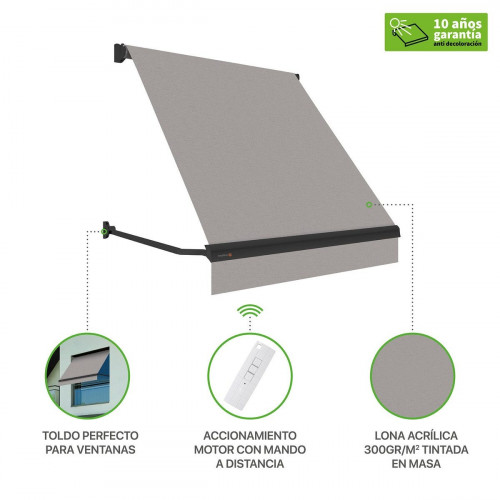 Toldo brazo punto recto 2.5x2.4m para ventana kenia estructura gris motorizado con mando tela acrílica gris