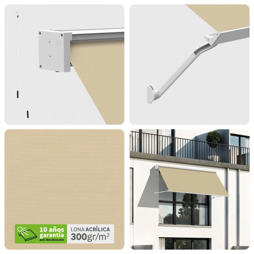 Toldo brazo punto recto 2x2m para ventana Sabana cofre blanco manual con manivela tela acrílica beige