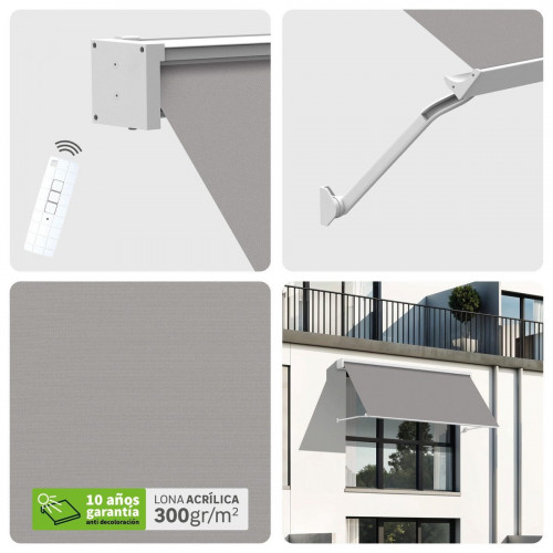 Toldo brazo punto recto 2x2m para ventana Sabana cofre blanco motorizado con mando tela acrílica gris