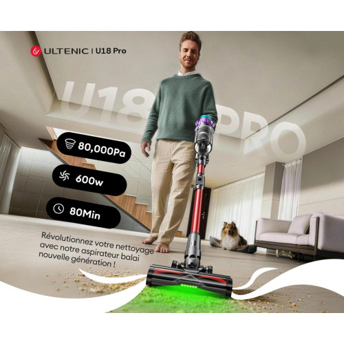 Ultenic UI8 PR0 Aspiradora sin Cable Potente 600W/80KPA, 60Mins, Aspirador Escoba Vertical con Tubo Flexible