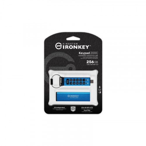 Unidad flash Kingston IronKey Keypad 200C 256GB USB-C cifrada IP68 Azul