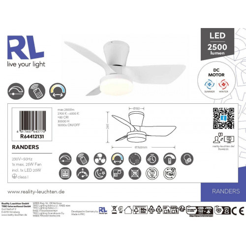 Ventilador de techo con fuente de luz motor DC Randers blanco 76 cm