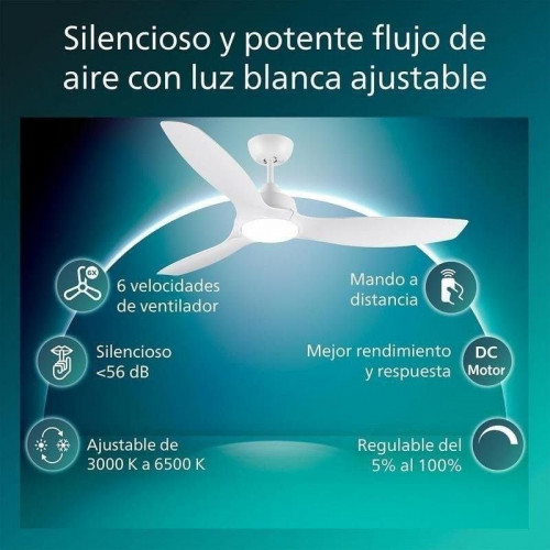Ventilador de Techo con Luz Philips Olas 35W 132cm 6 Velocidades Motor DC Silencioso Mando Función Invierno