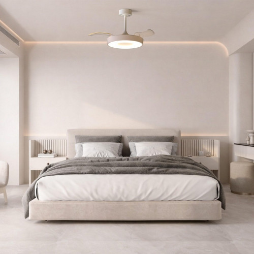 Ventilador de techo con luz silencioso DC 25W con mando ø91 cm Coin Fan Mini Smart MANTRA blanco y beige luz CCT 3 aspas retráctiles tipo lámpara| 8 velocidades| modo verano/invierno| brisa| recomendado para <13m²