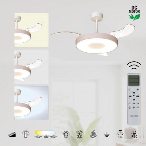 Ventilador de techo con luz silencioso DC 25W con mando ø91 cm Coin Fan Mini Smart MANTRA blanco y beige luz CCT 3 aspas retráctiles tipo lámpara| 8 velocidades| modo verano/invierno| brisa| recomendado para <13m²