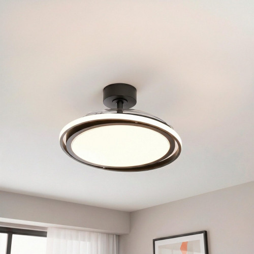 Ventilador de techo con luz silencioso DC 30W con mando ø107 cm Rosak INSPIRE negro luz CCT 3 aspas retráctiles tipo lámpara| 6 velocidades| modo verano/invierno| temporizador| brisa| recomendado de 13 a 20m²