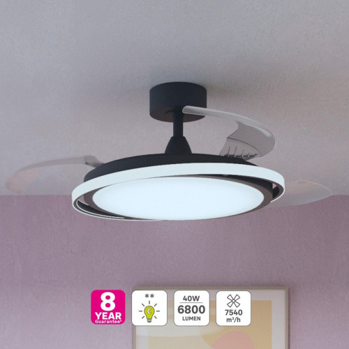 Ventilador de techo con luz silencioso DC 30W con mando ø107 cm Rosak INSPIRE negro luz CCT 3 aspas retráctiles tipo lámpara| 6 velocidades| modo verano/invierno| temporizador| brisa| recomendado de 13 a 20m²