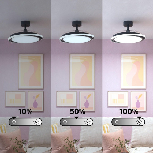 Ventilador de techo con luz silencioso DC 30W con mando ø107 cm Rosak INSPIRE negro luz CCT 3 aspas retráctiles tipo lámpara| 6 velocidades| modo verano/invierno| temporizador| brisa| recomendado de 13 a 20m²