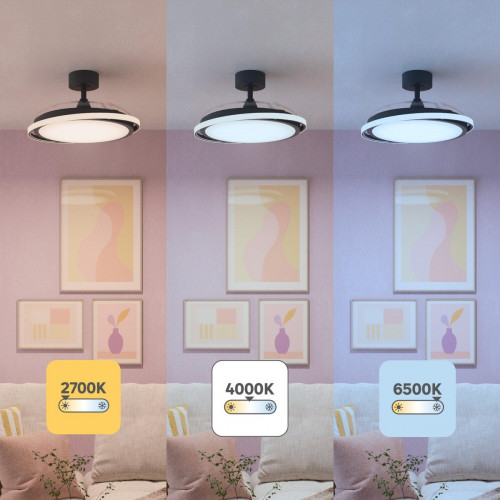 Ventilador de techo con luz silencioso DC 30W con mando ø107 cm Rosak INSPIRE negro luz CCT 3 aspas retráctiles tipo lámpara| 6 velocidades| modo verano/invierno| temporizador| brisa| recomendado de 13 a 20m²