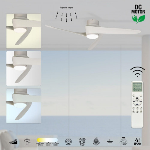 Ventilador de techo con luz silencioso DC 30W con mando WiFi/ APP ø122 cm Groenland MANTRA blanco luz CCT 3 aspas| 8 velocidades| modo verano/invierno| brisa| recomendado de 13 a 20m²