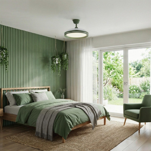 Ventilador de techo con luz silencioso DC 32W con mando ø107 cm Astro SULION verde luz CCT 3 aspas retráctiles tipo lámpara| 6 velocidades| modo verano/invierno| temporizador| brisa| recomendado de 13 a 20m²
