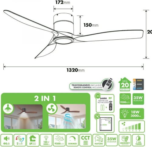 Ventilador de techo con luz silencioso dc 35w con mando ø132 cm mickey blanco luz cct 3 aspas