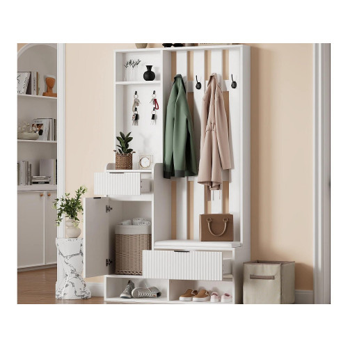 Vestidor 6 en 1 100×30×180 cm - con 8 ganchos y banco para zapatos - con 2 cajones y 1 puerta - con zapatero - blanco