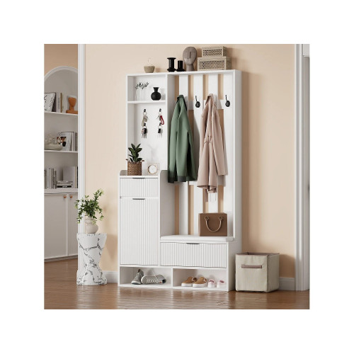 Vestidor 6 en 1 100×30×180 cm - con 8 ganchos y banco para zapatos - con 2 cajones y 1 puerta - con zapatero - blanco