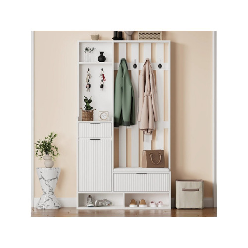 Vestidor 6 en 1 100×30×180 cm - con 8 ganchos y banco para zapatos - con 2 cajones y 1 puerta - con zapatero - blanco