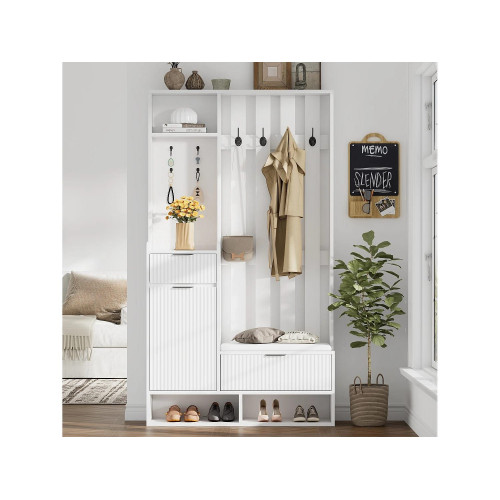 Vestidor 6 en 1 100×30×180 cm - con 8 ganchos y banco para zapatos - con 2 cajones y 1 puerta - con zapatero - blanco