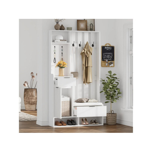 Vestidor 6 en 1 100×30×180 cm - con 8 ganchos y banco para zapatos - con 2 cajones y 1 puerta - con zapatero - blanco