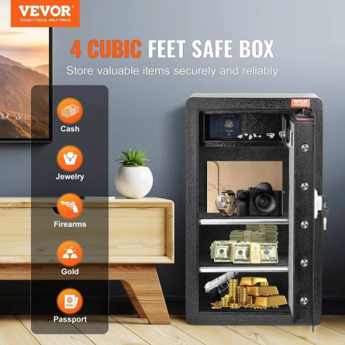 VEVOR Caja Fuerte 113 L Con Cerradura Llave Y Contraseña Bolsa Ignífuga Estantes Luz Led Gabinete Negro Para Dinero Documentos Joyas