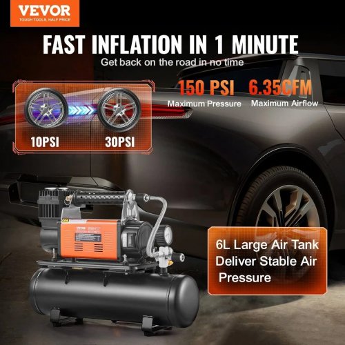 VEVOR Compresor de aire de alta resistencia VEVOR de 12 v con kit de tanque de 6 L inflador de neumáticos portátil de 6,35 Cfm Compresor de aire