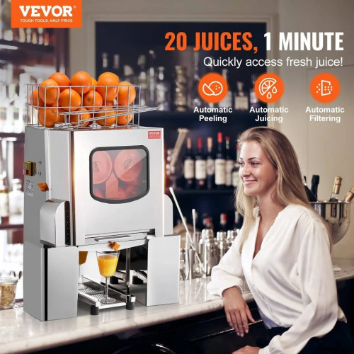 VEVOR Exprimidor de Cítricos Eléctrico Comercial Extractor de Zumo 120 W de Acero Inoxidable con Filtro Extraíble Cubo Recolector de Cáscaras para