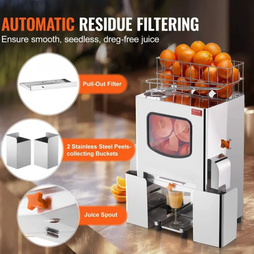 VEVOR Exprimidor de Cítricos Eléctrico Comercial Extractor de Zumo 120 W de Acero Inoxidable con Filtro Extraíble Cubo Recolector de Cáscaras para