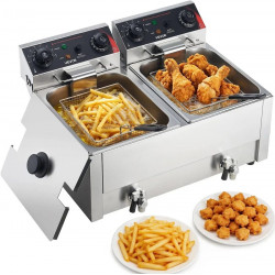 VEVOR Freidora Eléctrica Comercial 2 Tanques 14 L 5000 W Freidora de Aceite de Acero Inoxidable con 2 Cestas Temperatura y Tiempo Ajustables 60-200