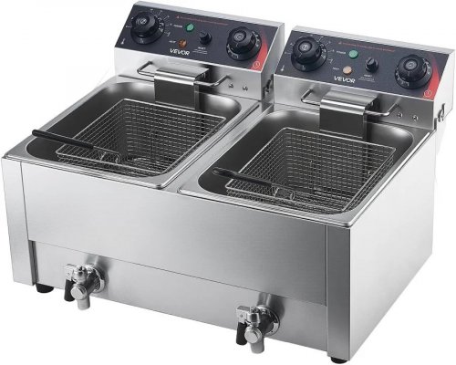 VEVOR Freidora Eléctrica Comercial 2 Tanques 14 L 5000 W Freidora de Aceite de Acero Inoxidable con 2 Cestas Temperatura y Tiempo Ajustables 60-200