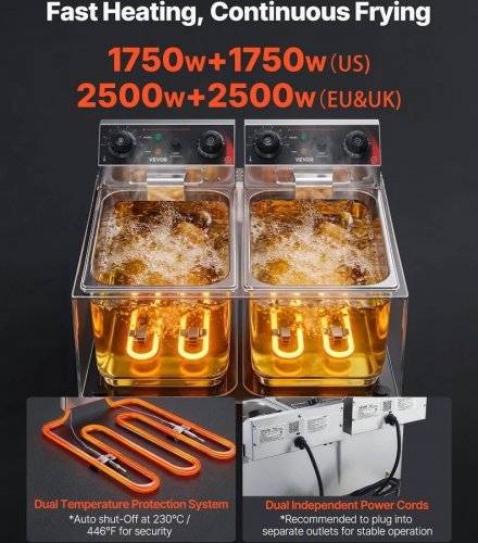 VEVOR Freidora Eléctrica Comercial 2 Tanques 14 L 5000 W Freidora de Aceite de Acero Inoxidable con 2 Cestas Temperatura y Tiempo Ajustables 60-200