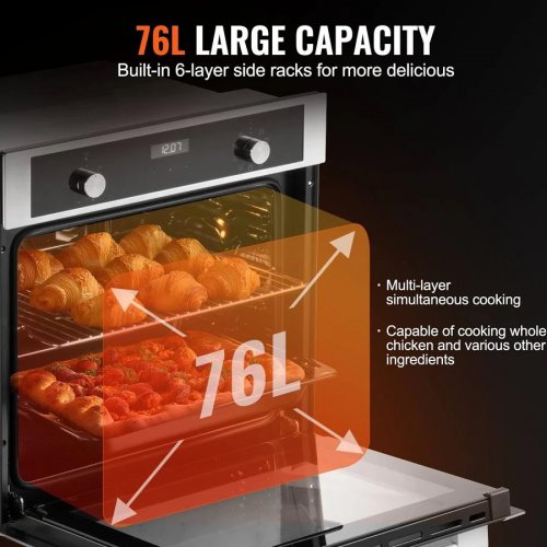 VEVOR Horno Empotrable de Pared Eléctrico 59,5 cm 76 L 9 Funciones para Cocina