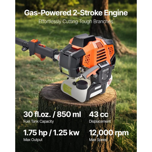VEVOR Motosierra de Pértiga Gasolina 43 Cc 2 Tiempos Barra 25,4 cm Extensible 2,11 A 3,61 M Cabezal Giratorio Inalámbrica Naranja
