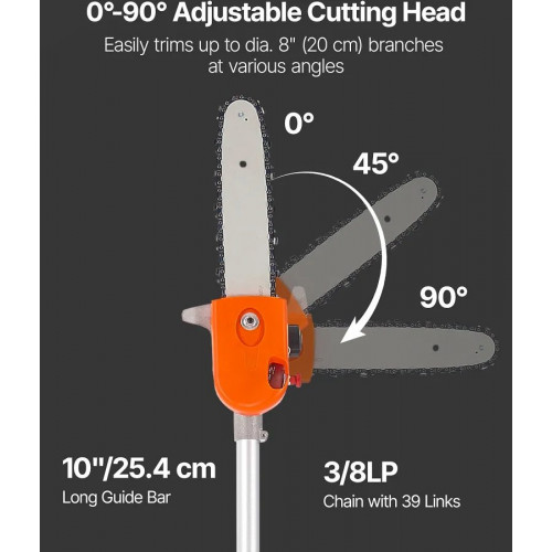 VEVOR Motosierra de Pértiga Gasolina 43 Cc 2 Tiempos Barra 25,4 cm Extensible 2,11 A 3,61 M Cabezal Giratorio Inalámbrica Naranja