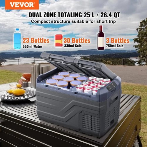 VEVOR Nevera Compresor Portátil 25 L Mini Refrigerador Para Coche 12/24v Cc Y 100-240v Ca Caja Enfriadora Doble Zona Temperatura Ajustable -20°c A 20°
