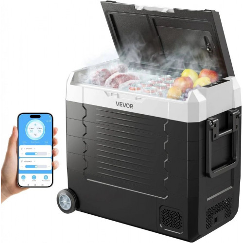 VEVOR Nevera Portátil Coche Compresor Doble Zona y Ruedas Control por APP Temperatura Ajustable de -20 a 20 Grados para Camping y Viajes
