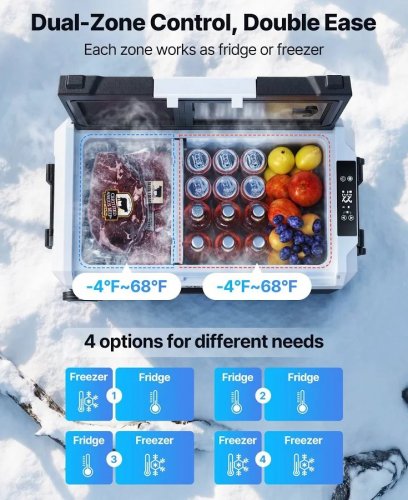 VEVOR Nevera Portátil Coche Compresor Doble Zona y Ruedas Control por APP Temperatura Ajustable de -20 a 20 Grados para Camping y Viajes