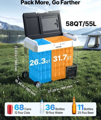 VEVOR Nevera Portátil Coche Compresor Doble Zona y Ruedas Control por APP Temperatura Ajustable de -20 a 20 Grados para Camping y Viajes