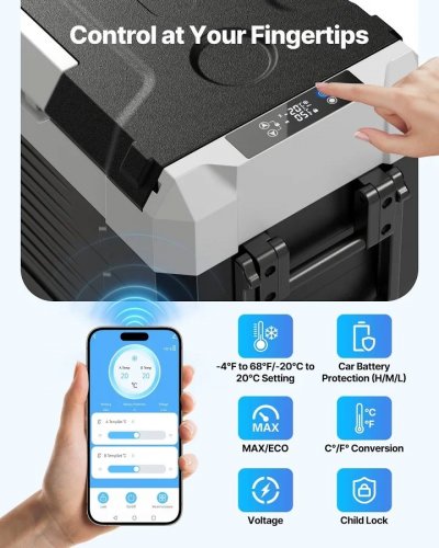 VEVOR Nevera Portátil Coche Compresor Doble Zona y Ruedas Control por APP Temperatura Ajustable de -20 a 20 Grados para Camping y Viajes