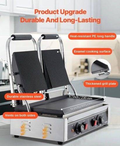 VEVOR Parrilla Comercial para Panini Sandwichera Eléctrica 570 x 410 x 215 mm