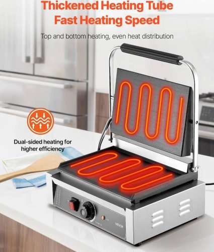 VEVOR Parrilla Contacto Profesional 2200 W Acero Inoxidable Para Paninis Sándwiches Filetes Tocino Hamburguesas 425 X 400 X 205 mm