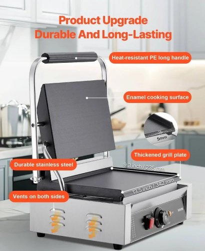 VEVOR Parrilla Contacto Profesional 2200 W Acero Inoxidable Para Paninis Sándwiches Filetes Tocino Hamburguesas 425 X 400 X 205 mm