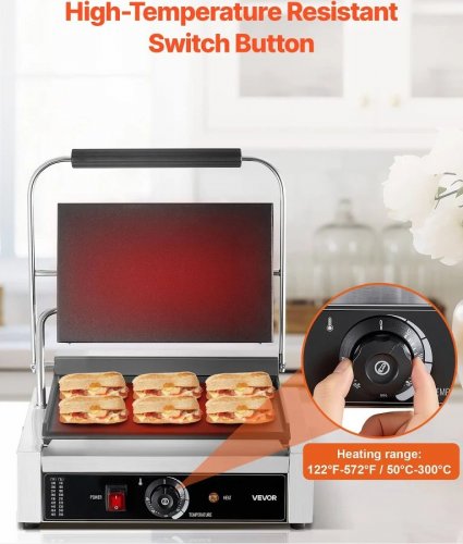 VEVOR Parrilla Contacto Profesional 2200 W Acero Inoxidable Para Paninis Sándwiches Filetes Tocino Hamburguesas 425 X 400 X 205 mm