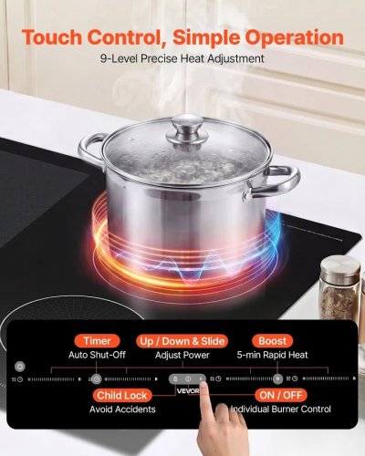 VEVOR Placa de Inducción 2 Quemadores Redondos y 2 Cuadrados 220 V 7000 W Empotrable 59 x 52 cm Apagado Automático con Temporizador 9 Niveles de